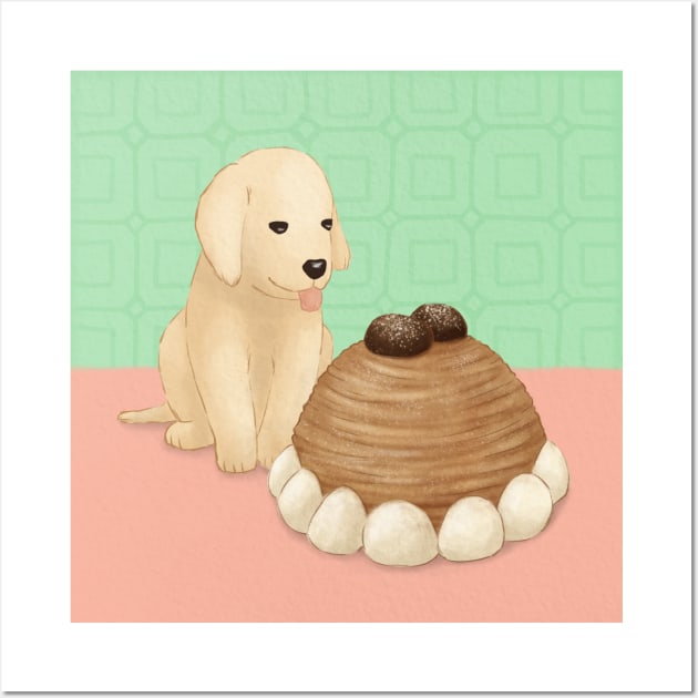 Cute Golden Retriever and Dessert Illustration Wall Art by Kyut&Yum!